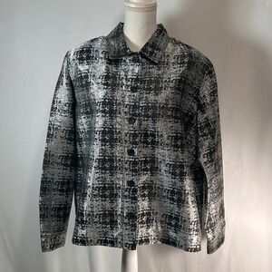 The Travel‎ Collection Metallic Silver Black Brocade Button Down Shirt Jacket 1X